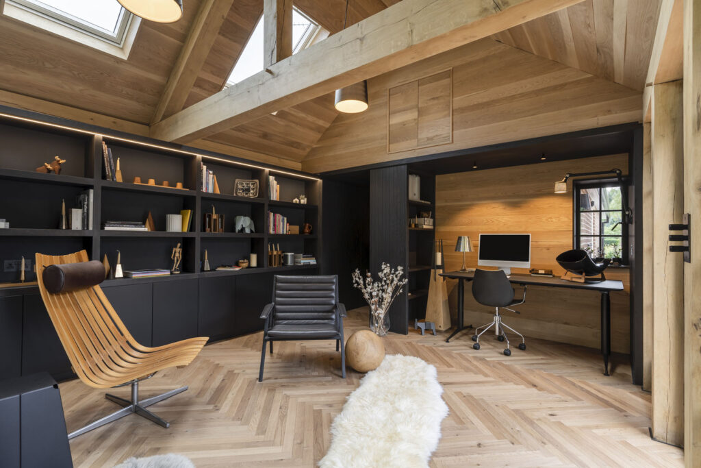 Studio One17 home office wood floor warm herringbone pattern in Oak