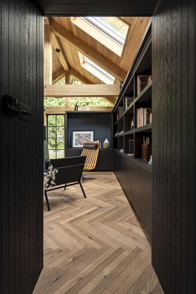 Studio One17 home office wood floor warm herringbone pattern in Oak